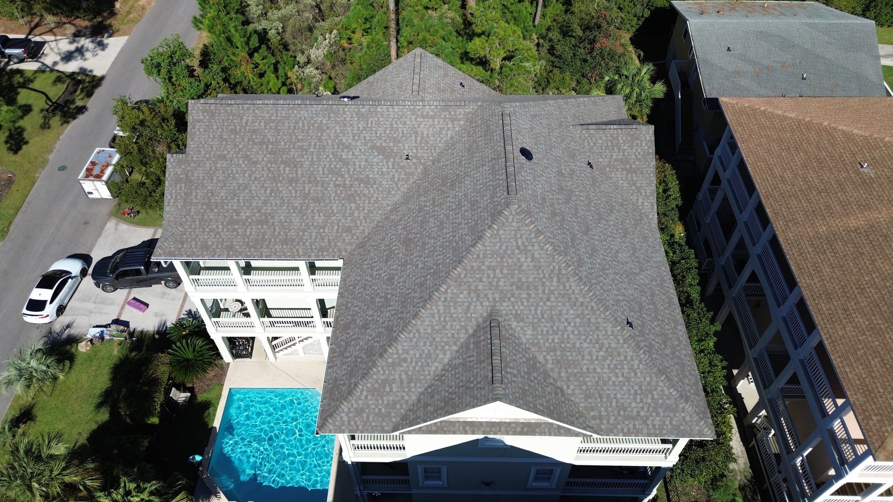 Aerial view of completed roof replacement on residential home in Okatie SC