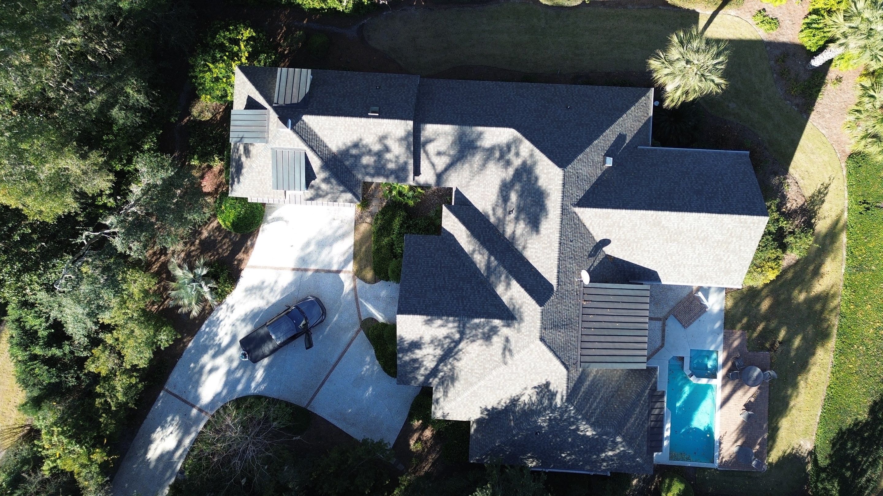 Aerial view of completed roof replacement on beachfront home in Hilton Head Island SC