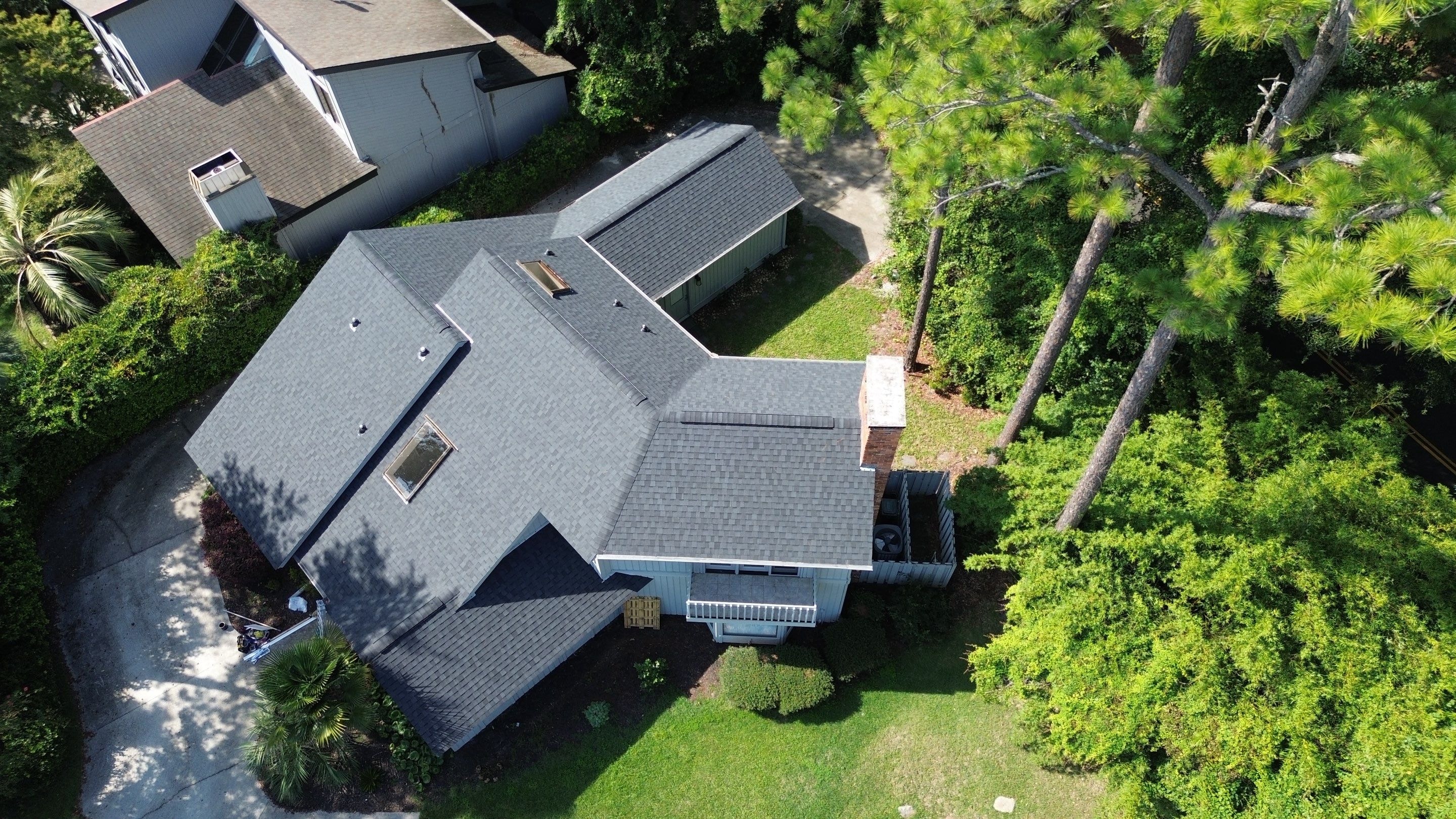 Aerial view of completed CertainTeed Landmark roof replacement in Hilton Head SC