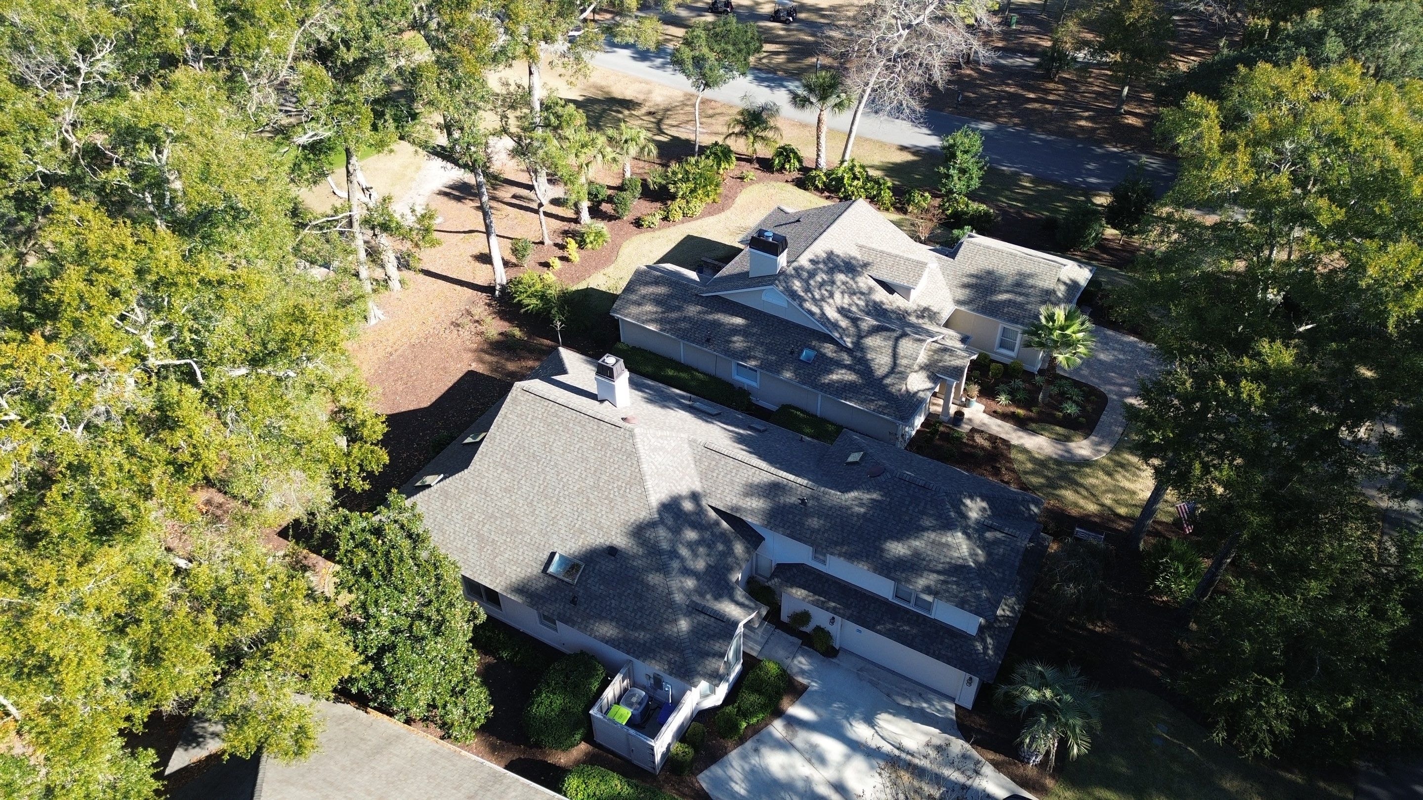 Aerial view of completed CertainTeed roof replacement in Bluffton SC
