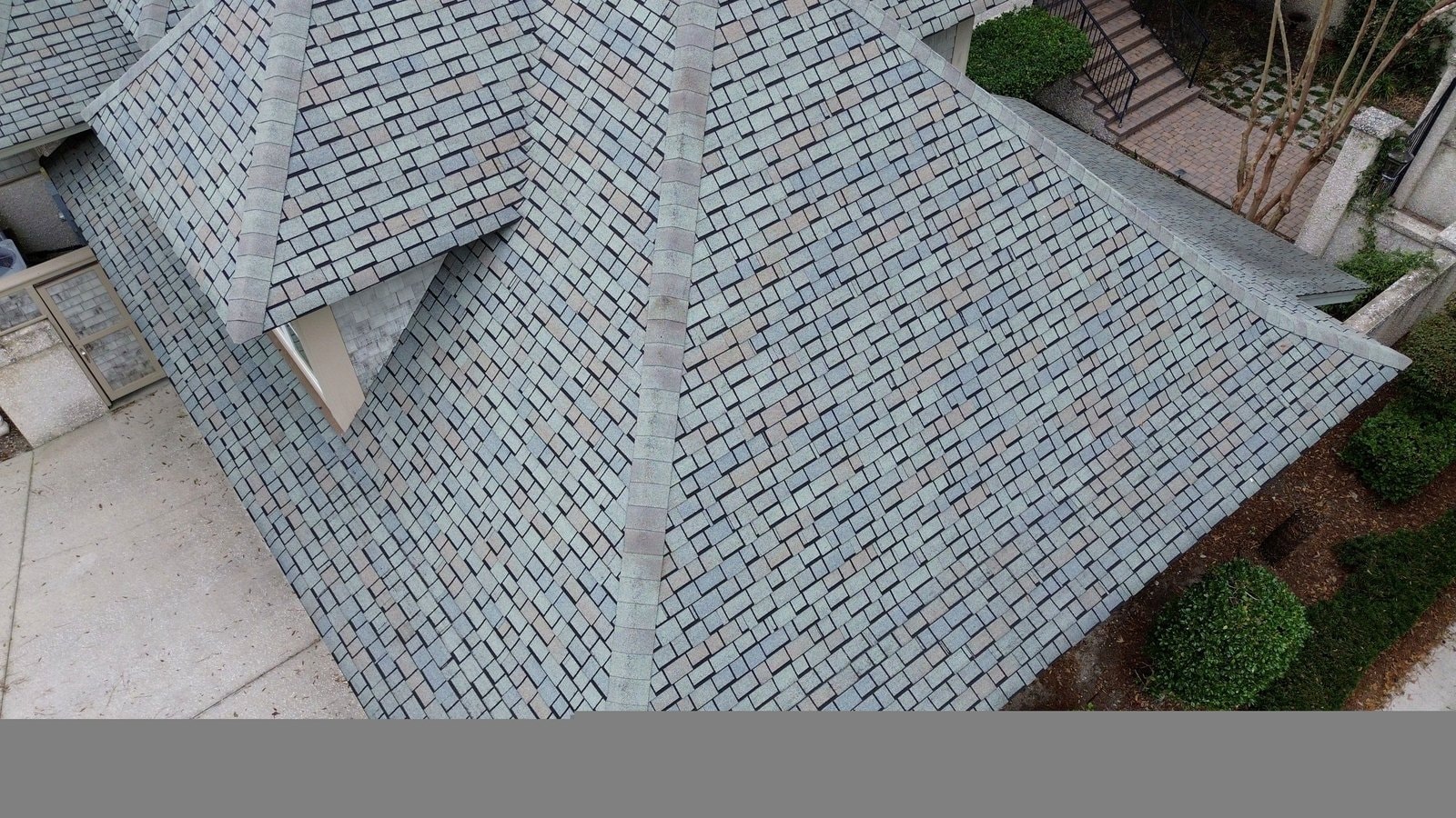 Aerial view of slate-look shingle roof replacement in Hilton Head Island SC